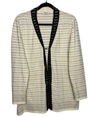 Stizzoli Italy Women’s Wool Blend Knit Cardigan Sweater Ivory Black Lace Trim 48